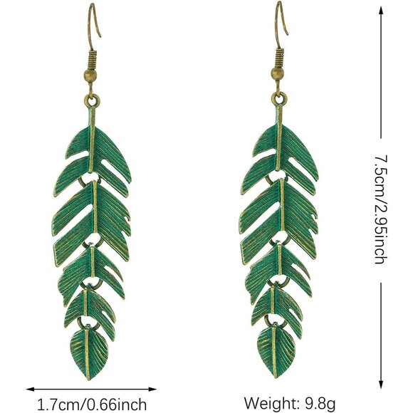 Floating Feathers Earrings Handmade Boho Vintage Green Bronze Lightweight Statem - Picture 2 of 6